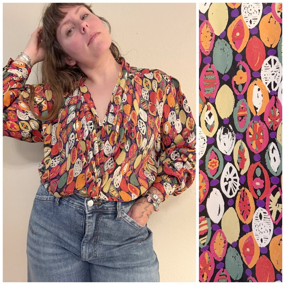 Vintage Marlis Bright Fruit Novelty Print Deep V Neck Blouse XL